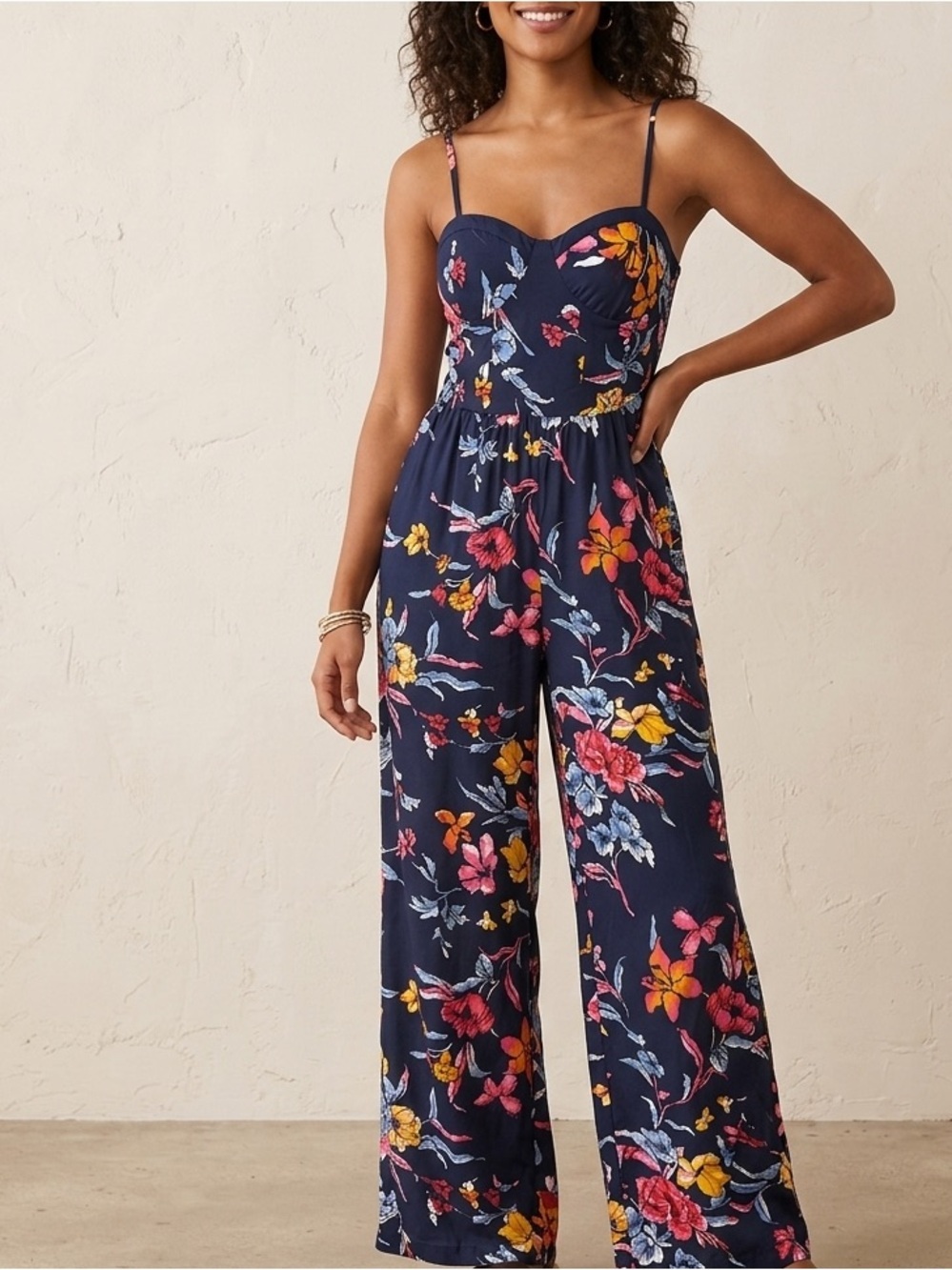Band of Gypsies Floral Wide-Leg Jumpsuit Navy Blue Sweetheart Neckline Size M